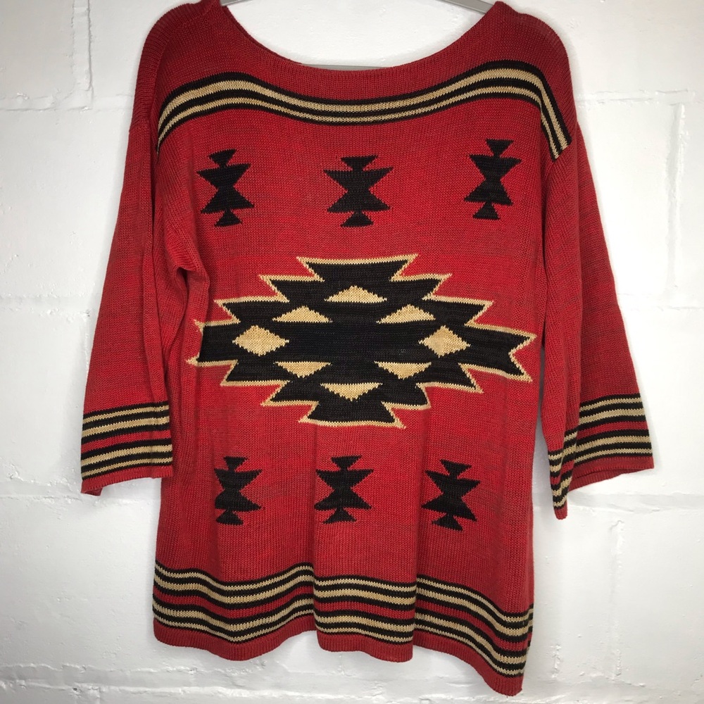 Chaps Ralph Lauren Women's Large Linen Cotton Southwest Aztec Knit Sweater
